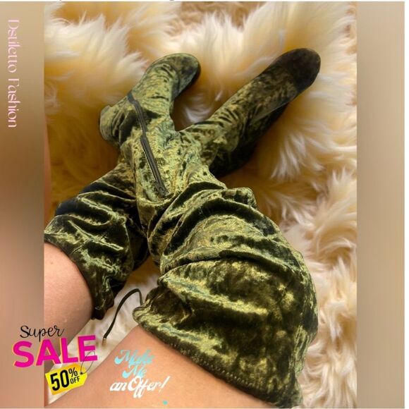 🍒 Liliana Green faux velvet block heel thigh high boots size 8.5 - Picture 1 of 11